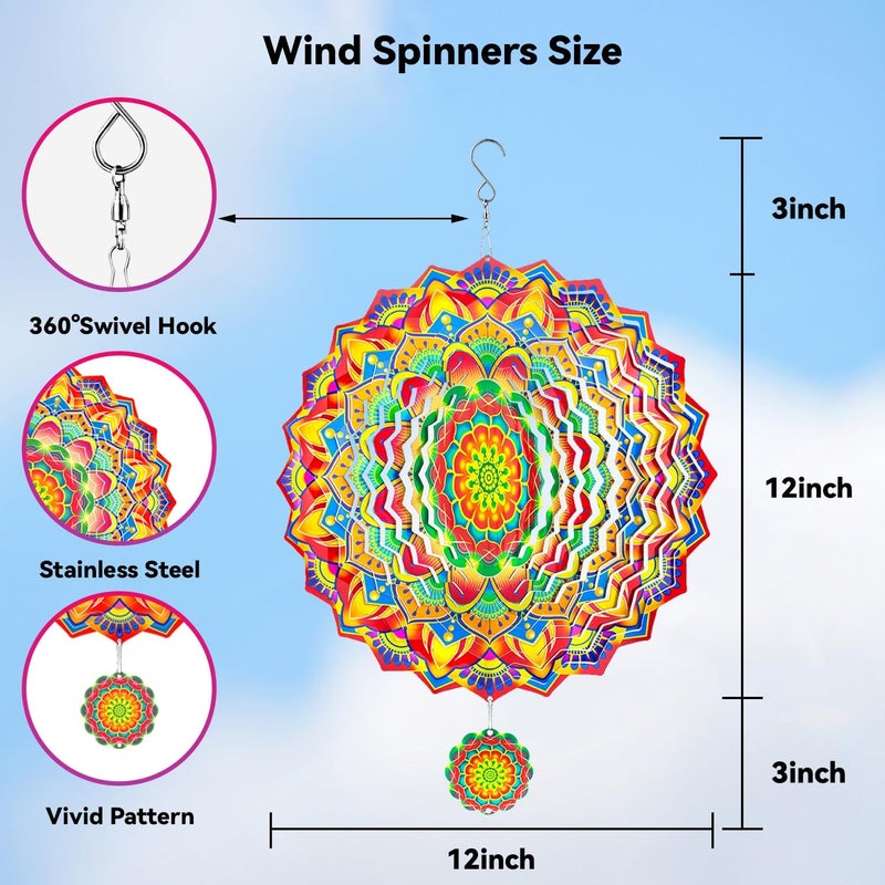Katinyos Wind Spinners,12 inch Multi Color Mandala with 360° Swivel Hook for Yard and Garden, Bird Wind Catcher, Metal Wind Spinners Outdoor for Lawn Hanging Crafts Decor Kinetic Yard Art Ornament Gifts - Image 2